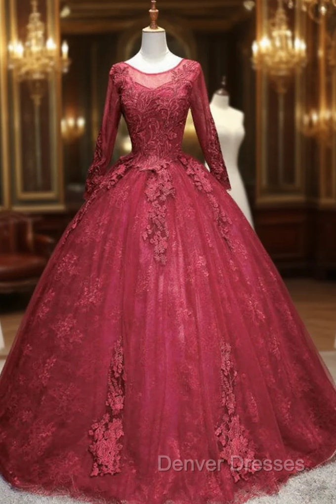 For This Year Biggest Dance Burgundy Ball Gown Long Sleeve Appliques Beading Quinceanera Dress Main image