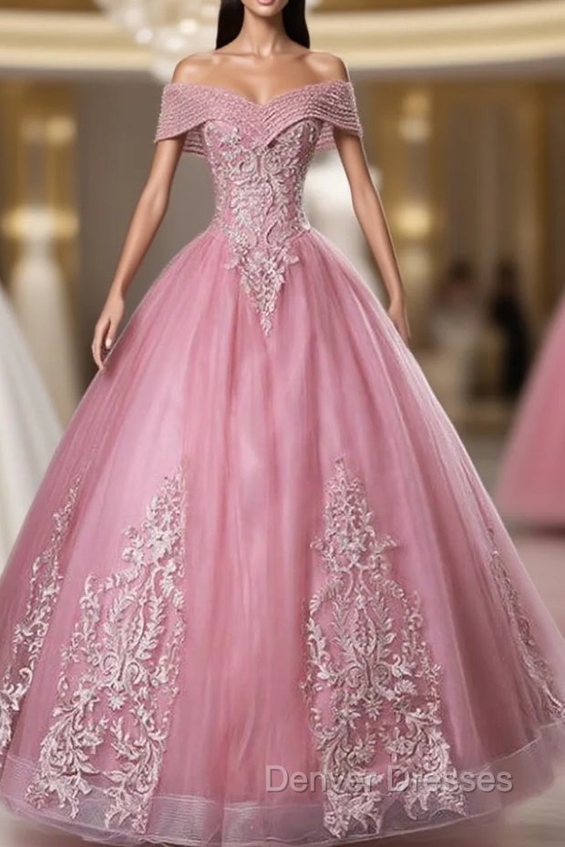 For This Year Biggest Dance Pink Ball Gown Tulle Appliques Beading Off twe Shoulder Quinceanera Dress Main image