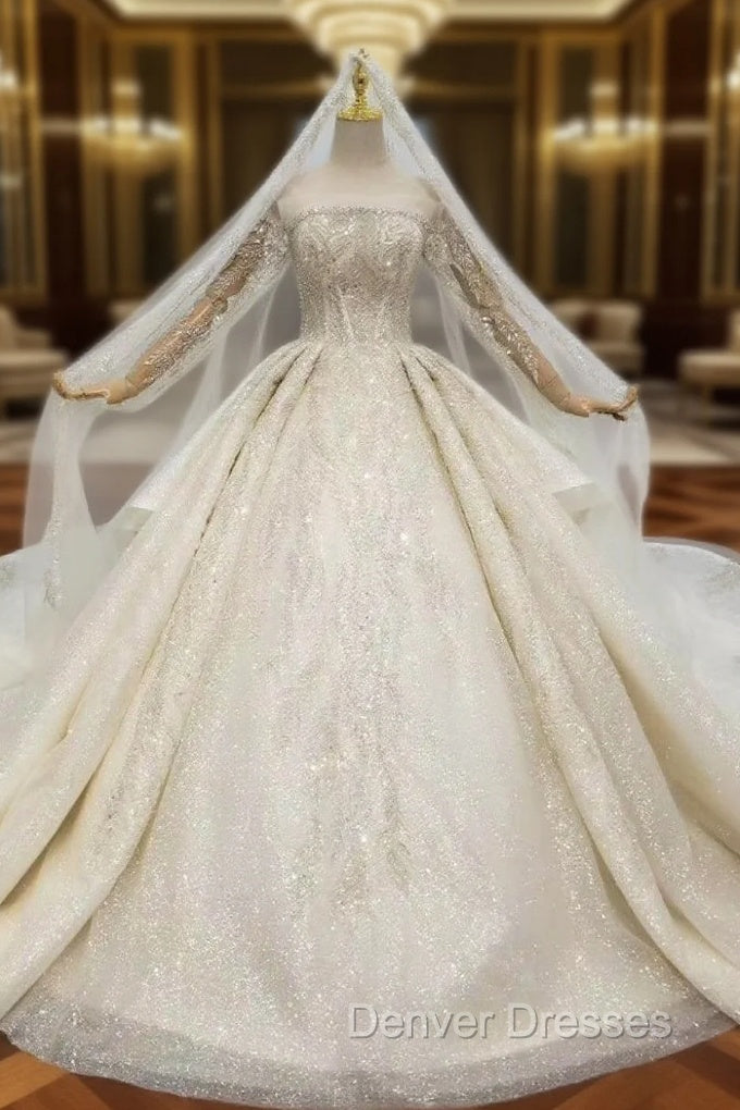 For You Next Prom Dance Champagne Ball Gown Tulle Sequins Beading Off the Shoulder Wedding Dress With Removable Train Main image