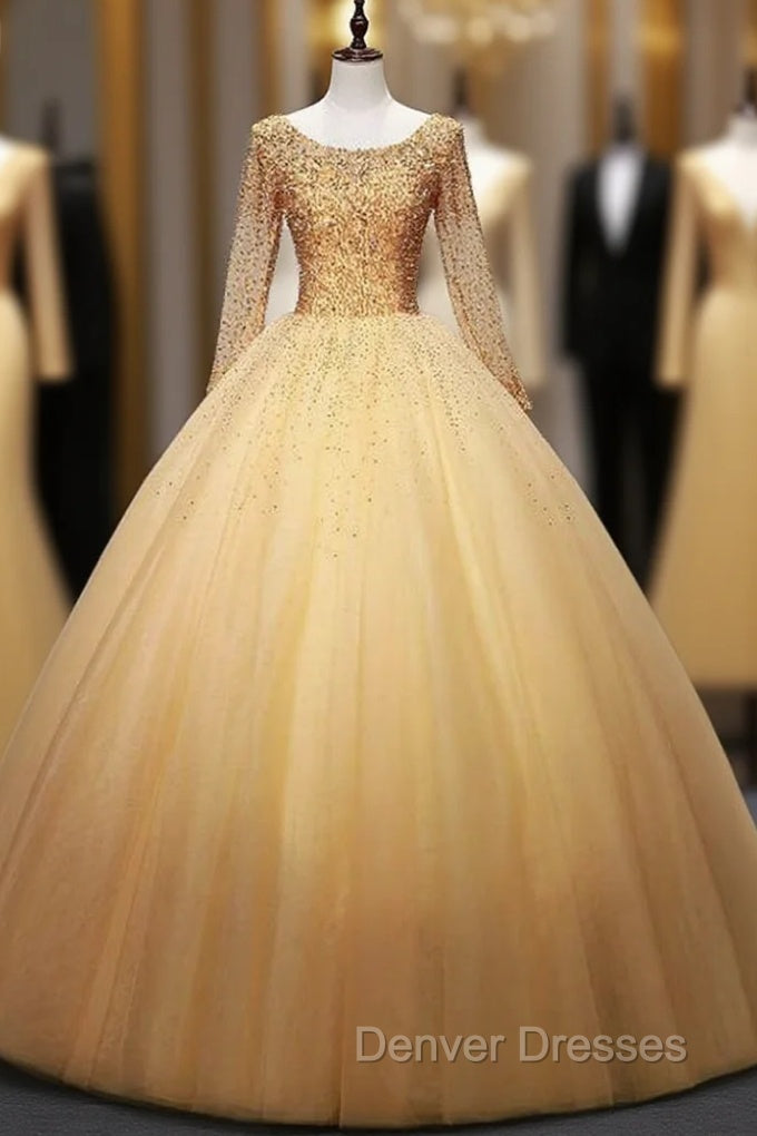 For Your Big Night Gold Ball Gown Tulle Long Sleeve Beading Sequins Quinceanera Dress Main image