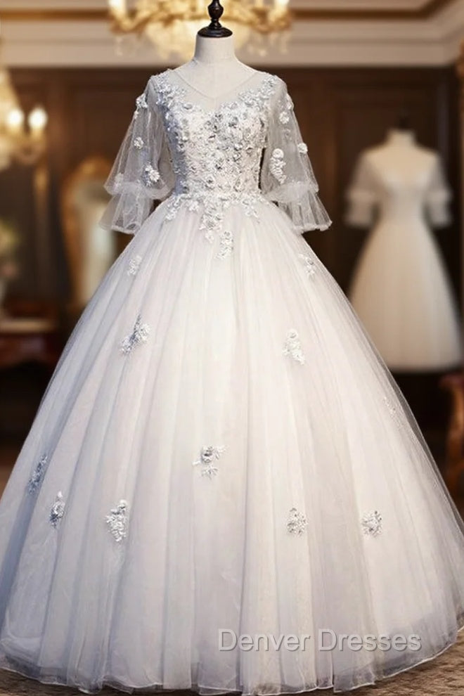 For Your Big Night Light Gray Tulle Ball Gown Short Sleeve Appliques Quinceanera Dress Main image