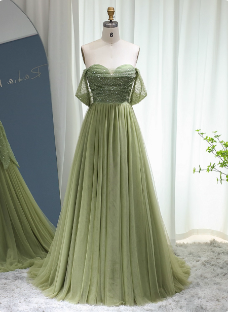 Forest Avocado Green Off-The-Shoulder Sequin Tulle Train Prom Dress Evening Dress Secondary image