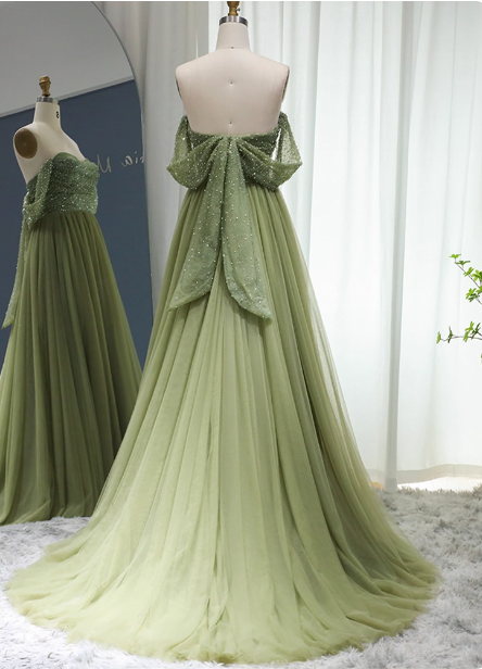 Forest Avocado Green Off-The-Shoulder Sequin Tulle Train Prom Dress Evening Dress