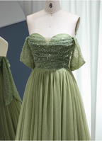 Forest Avocado Green Off-The-Shoulder Sequin Tulle Train Prom Dress Evening Dress