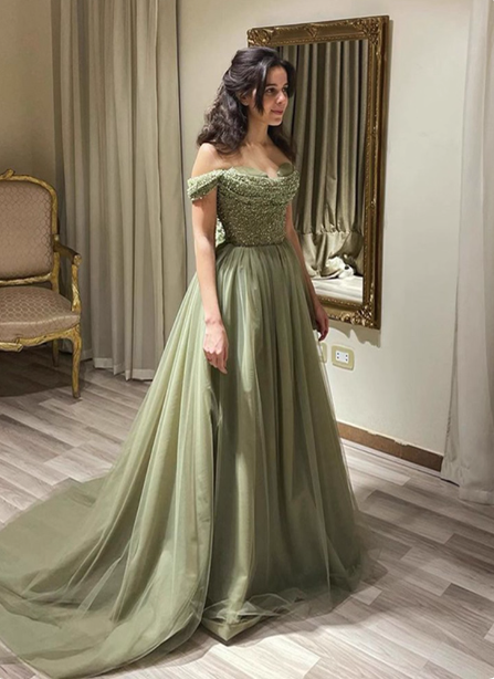 Forest Avocado Green Off-The-Shoulder Sequin Tulle Train Prom Dress Evening Dress