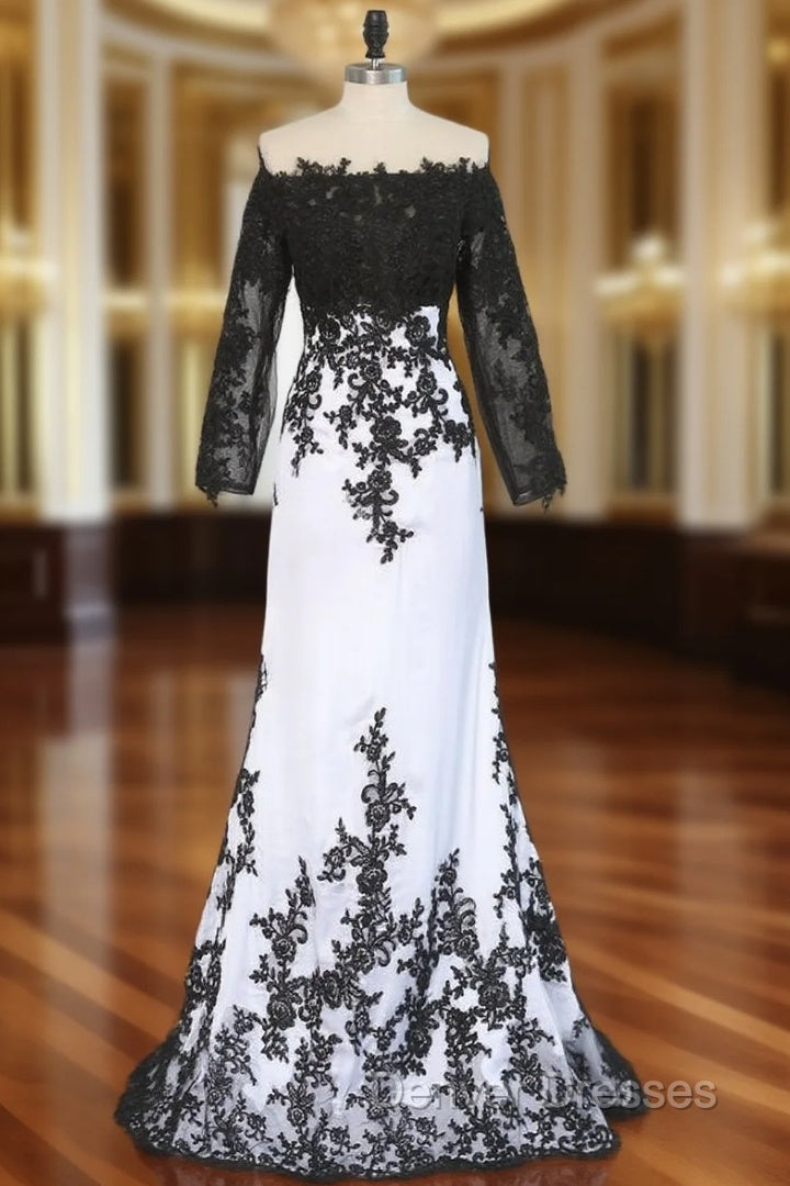 Formal Celebrity Dress Mermaid Long Sleeves Evening Dress Black White Appliques Main image