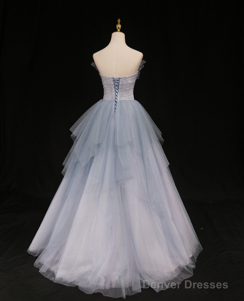 Formal Prom Dresses Strapless Blue A-Line Tulle Formal Gown