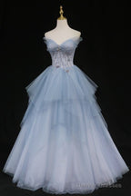 Formal Prom Dresses Strapless Blue A-Line Tulle Formal Gown