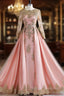 Formally Gold Lace Appliques Pink Tulle Long Sleeve Prom Dress