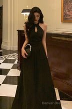 French A Line Halter Sleeveless Black Prom Dresses Birthday Outfits