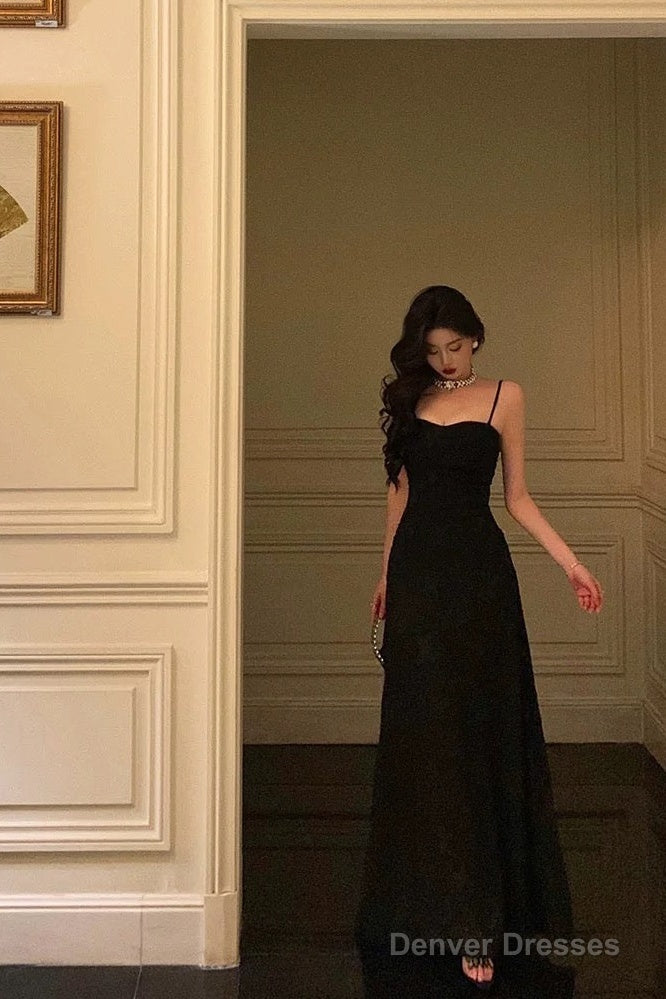 French A Line Spaghetti Straps Black Long Lace Prom Dresses Birthday Outfits Evening Gown Secondary image