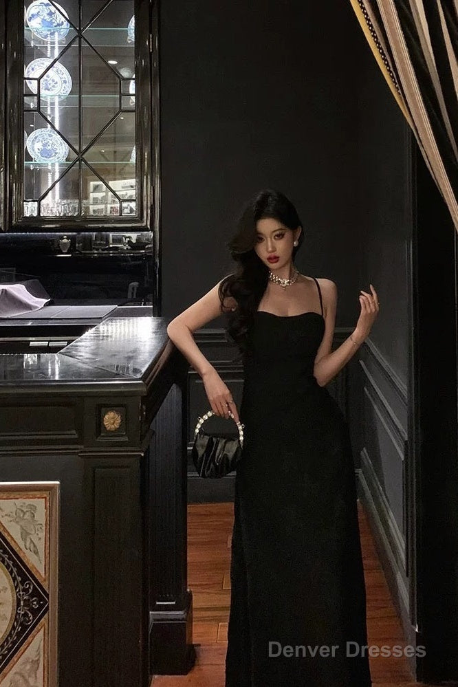 French A Line Spaghetti Straps Black Long Lace Prom Dresses Birthday Outfits Evening Gown