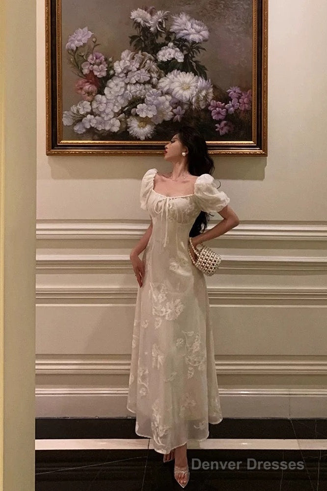 French A Line Square Neckline Short Sleeves Floral Lace Prom Dresses Birthday Outfit Secondary image