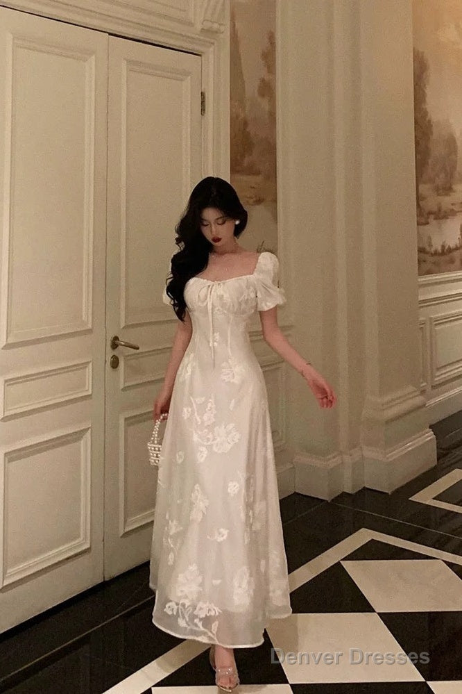 French A Line Square Neckline Short Sleeves Floral Lace Prom Dresses Birthday Outfit