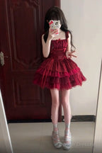 French Ball Gown Square Neckline Short Tulle Burgundy Lolita Dresses Party Dress Birthday Outfits