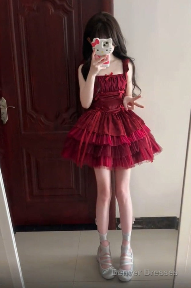 French Ball Gown Square Neckline Short Tulle Burgundy Lolita Dresses Party Dress Birthday Outfits