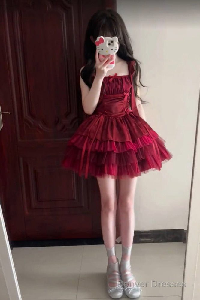 French Ball Gown Square Neckline Short Tulle Burgundy Lolita Dresses Party Dress Birthday Outfits