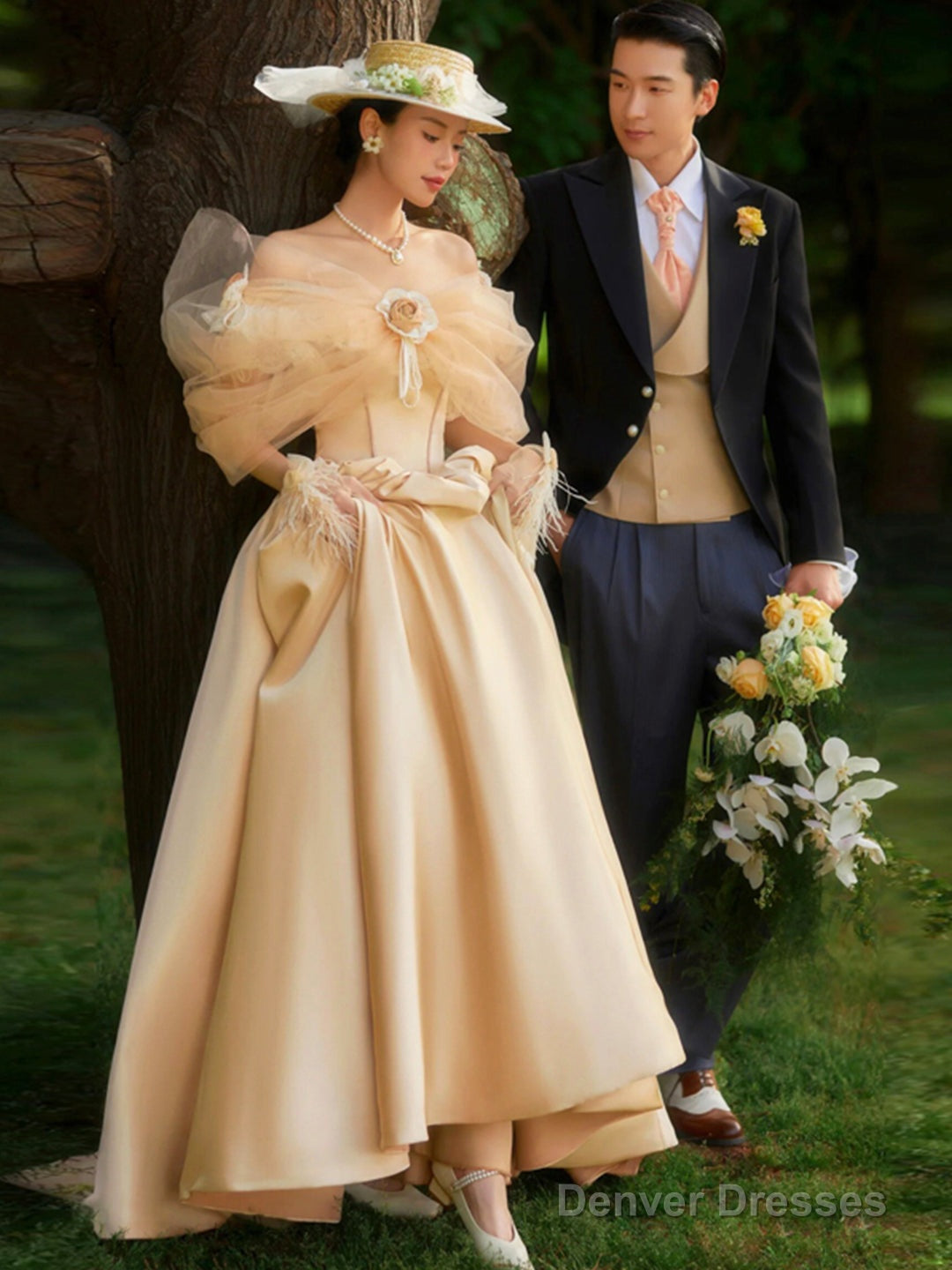 French Champagne Satin Corset Long Prom Dress, Off The Shoulder Evening Party Dress