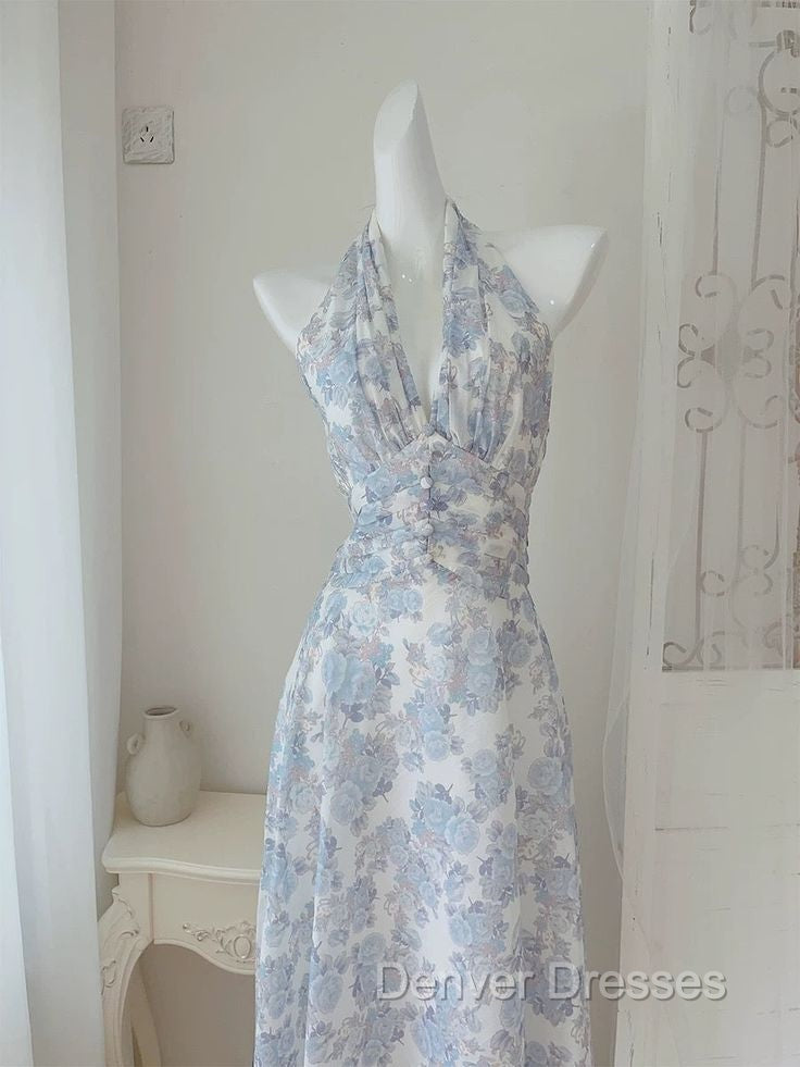 French Halter V Neck Print Floral Long Prom Dress Chiffon Evening Dress Secondary image