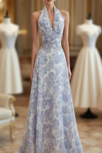 French Halter V Neck Print Floral Long Prom Dress Chiffon Evening Dress