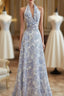 French Halter V Neck Print Floral Long Prom Dress Chiffon Evening Dress