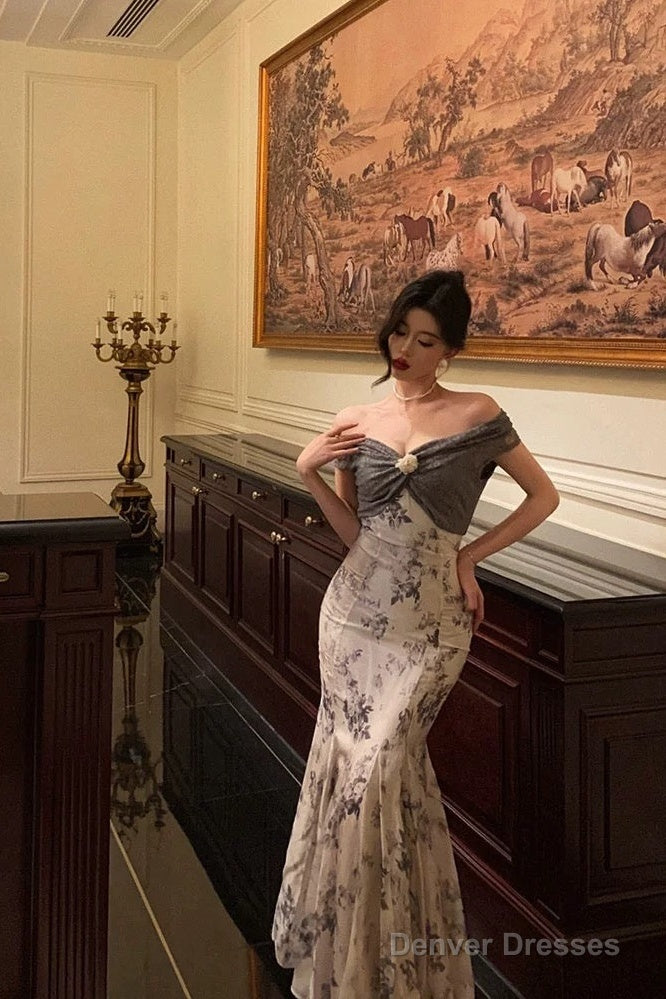 French Mermaid Off The Shoulder Floral Long Prom Dresses Birthday Outfits