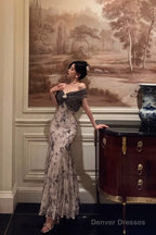 French Mermaid Off The Shoulder Floral Long Prom Dresses Birthday Outfits