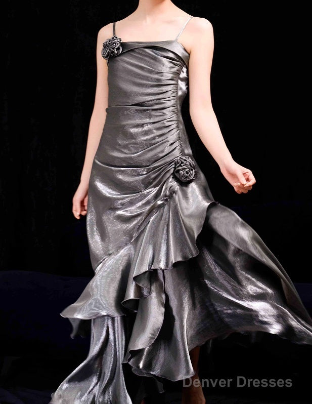 French Mermaid Spaghetti Straps Ruffles Silver Gray Prom Dresses Long Birthday Outfits Main image