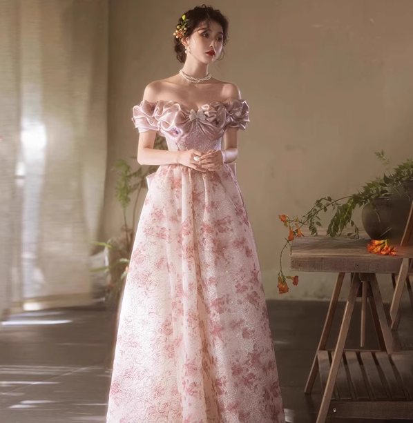 French Pink Printed A-Line Off-The-Shoulder Bow Tulle Long Prom Dress Evening Dress Secondary image