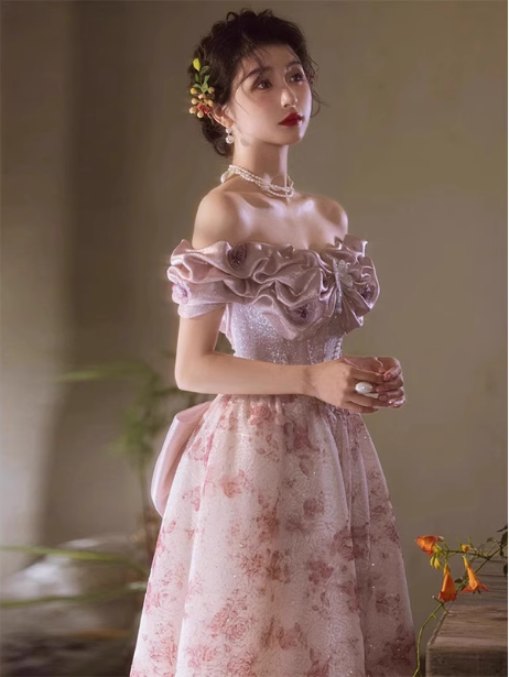 French Pink Printed A-Line Off-The-Shoulder Bow Tulle Long Prom Dress Evening Dress