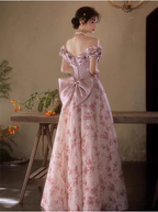 French Pink Printed A-Line Off-The-Shoulder Bow Tulle Long Prom Dress Evening Dress