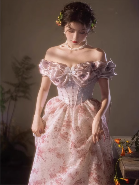 French Pink Printed A-Line Off-The-Shoulder Bow Tulle Long Prom Dress Evening Dress