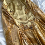 French Retro Gold Beaded Satin Irregular Skirt Prom Dress
