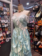 French Retro Mint Green A-Line Strapless Lace Ruffle Satin Long Prom Dress Evening Dress