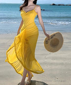 French Retro Yellow Holiday Style Sling Fork Long Skirt