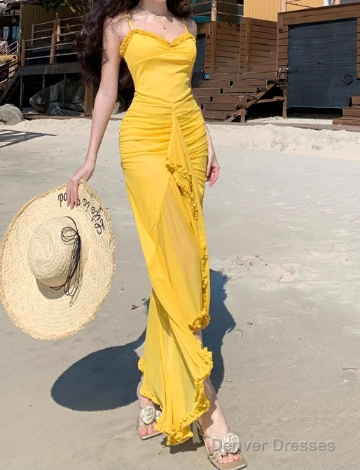 French Retro Yellow Holiday Style Sling Fork Long Skirt