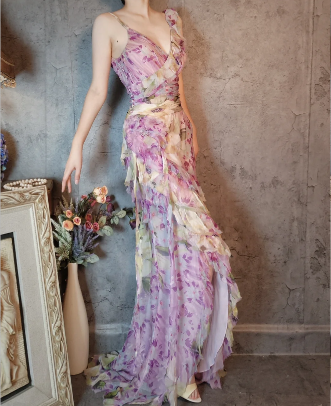 French Romantic Purple Floral Print V-Neck Backless Layered Pleated Chiffon Prom Dress Evening Dress