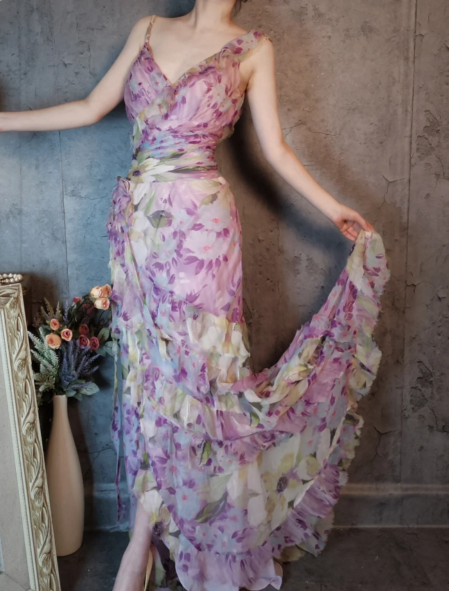 French Romantic Purple Floral Print V-Neck Backless Layered Pleated Chiffon Prom Dress Evening Dress