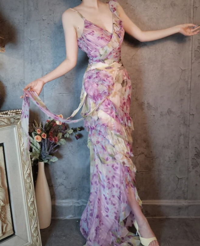 French Romantic Purple Floral Print V-Neck Backless Layered Pleated Chiffon Prom Dress Evening Dress