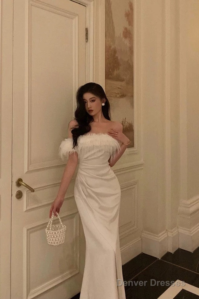 French Sheath Off The Shoulder White Satin Slit Prom Dresses Birthday Outfits