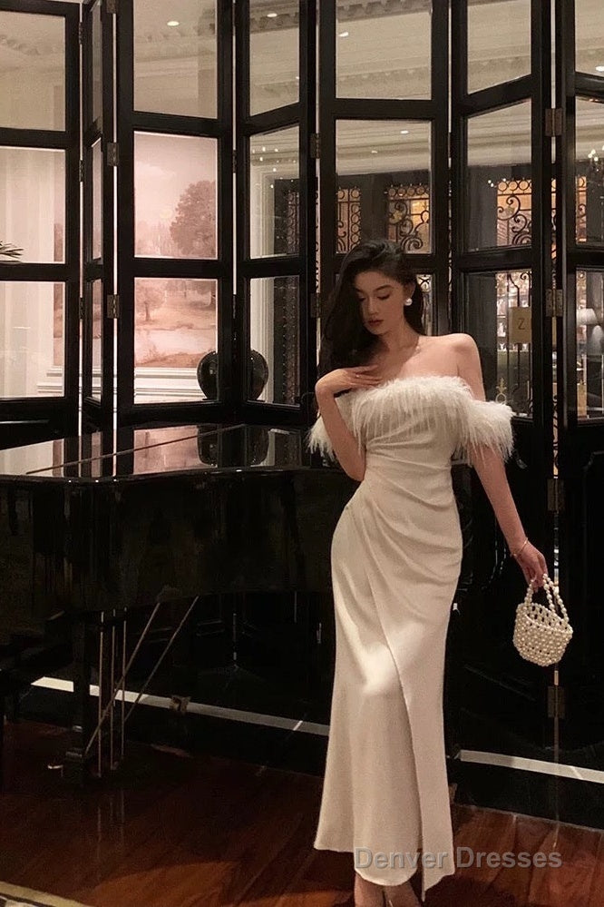 French Sheath Off The Shoulder White Satin Slit Prom Dresses Birthday Outfits