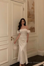 French Sheath Off The Shoulder White Satin Slit Prom Dresses Birthday Outfits