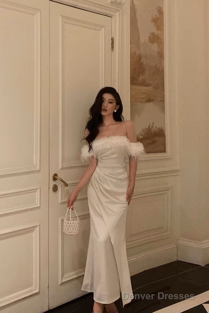 French Sheath Off The Shoulder White Satin Slit Prom Dresses Birthday Outfits