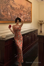 French Sheath Spaghetti Straps Floral Prom Dresses Birthday Outfits Evening Gown