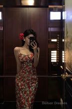 French Sheath Spaghetti Straps Floral Prom Dresses Birthday Outfits Evening Gown