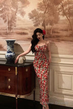 French Sheath Spaghetti Straps Floral Prom Dresses Birthday Outfits Evening Gown