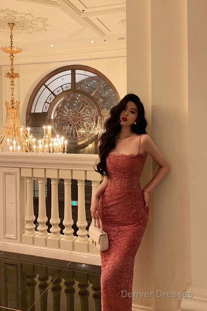 French Sheath Spaghetti Straps Pink Sleeveless Lace Prom Dresses Birthday Outfits Secondary image