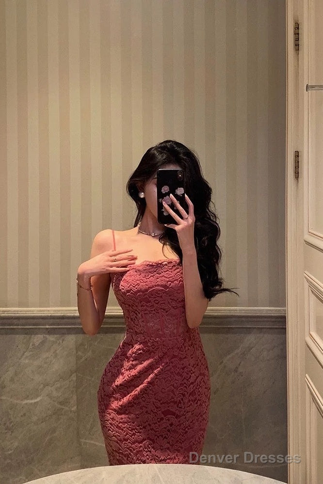 French Sheath Spaghetti Straps Pink Sleeveless Lace Prom Dresses Birthday Outfits