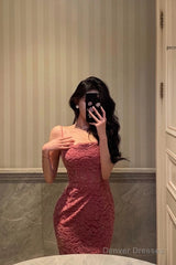 French Sheath Spaghetti Straps Pink Sleeveless Lace Prom Dresses Birthday Outfits