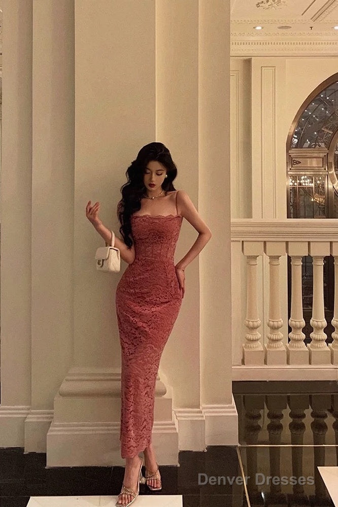 French Sheath Spaghetti Straps Pink Sleeveless Lace Prom Dresses Birthday Outfits